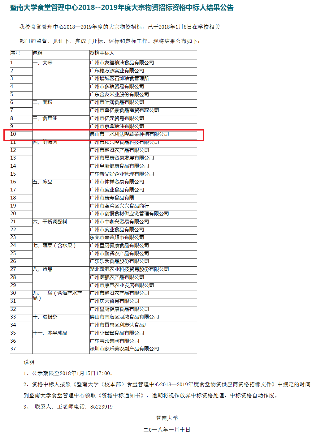 暨南大学食堂管理中心2018--2019年度大宗物资招标资格中标人结果公告