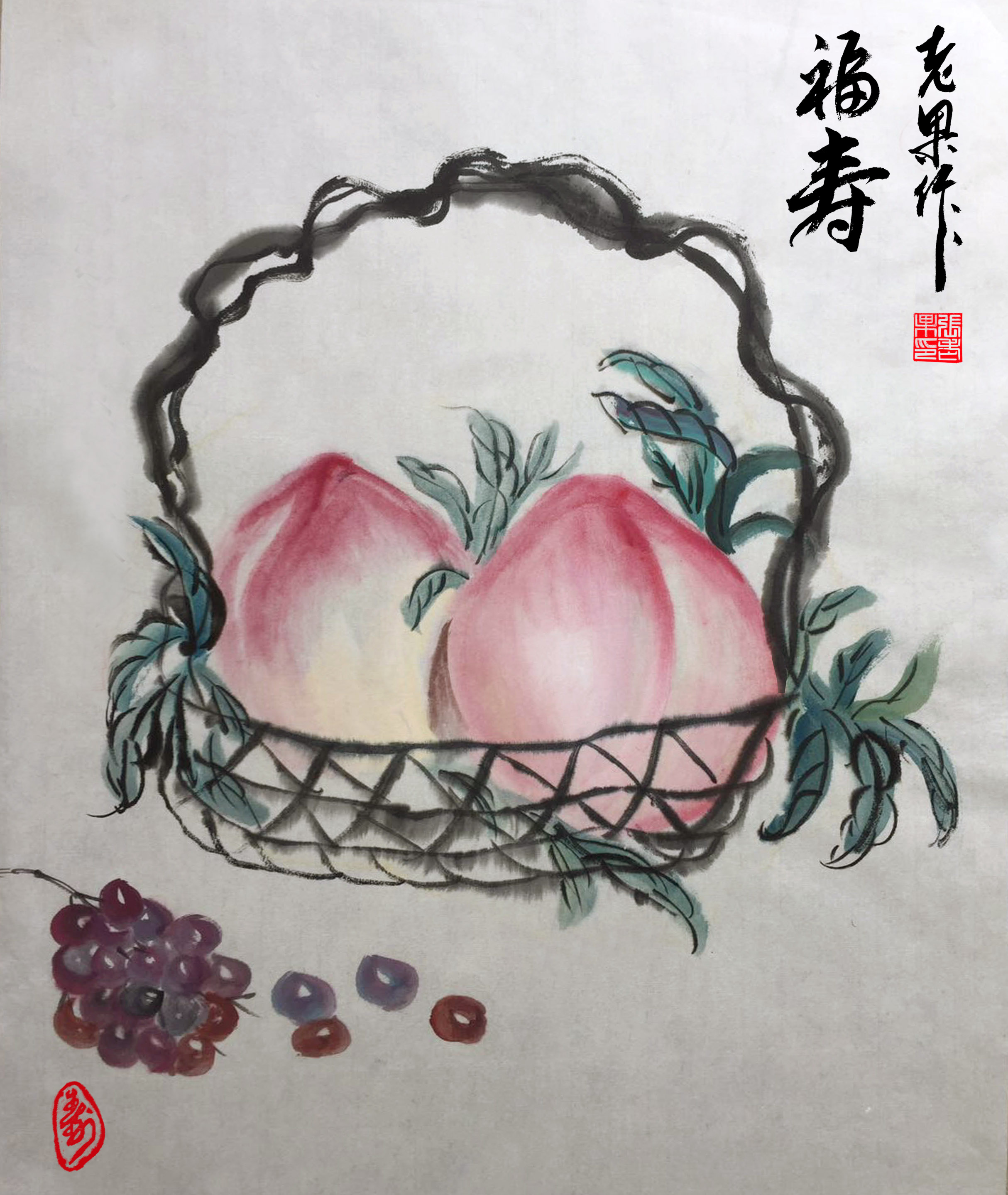 画家张老果的"寿桃"画每张都有身份证