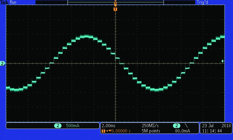步進電機的一相中所示的電流示波器射影