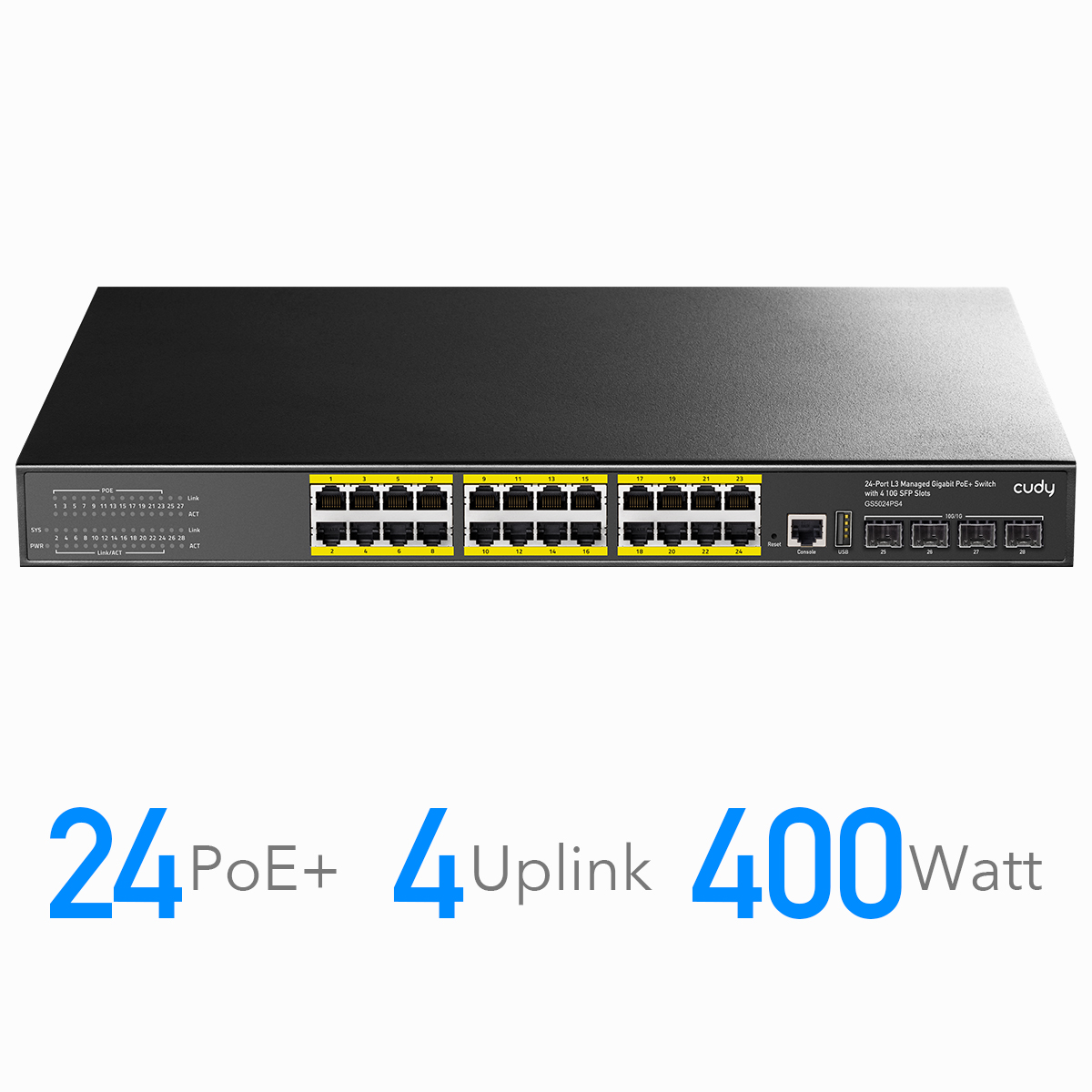 24-Port GbE PoE+ Switch w/ Four 10G SFP+ Uplinks