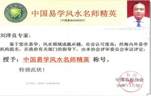 由中国易经协会颁发中国易学风水名师精英称号证书