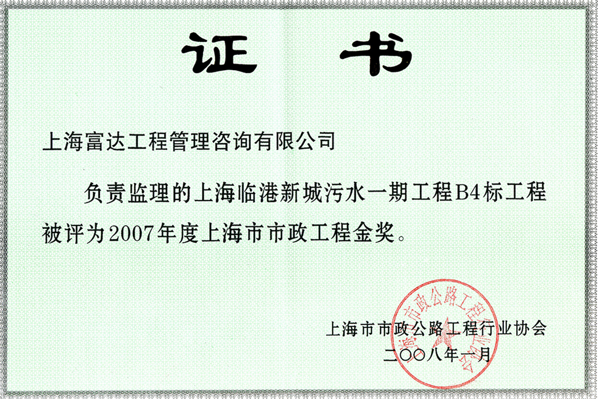上海临港新城污水一期工程B4标工程-市政金奖证书2007