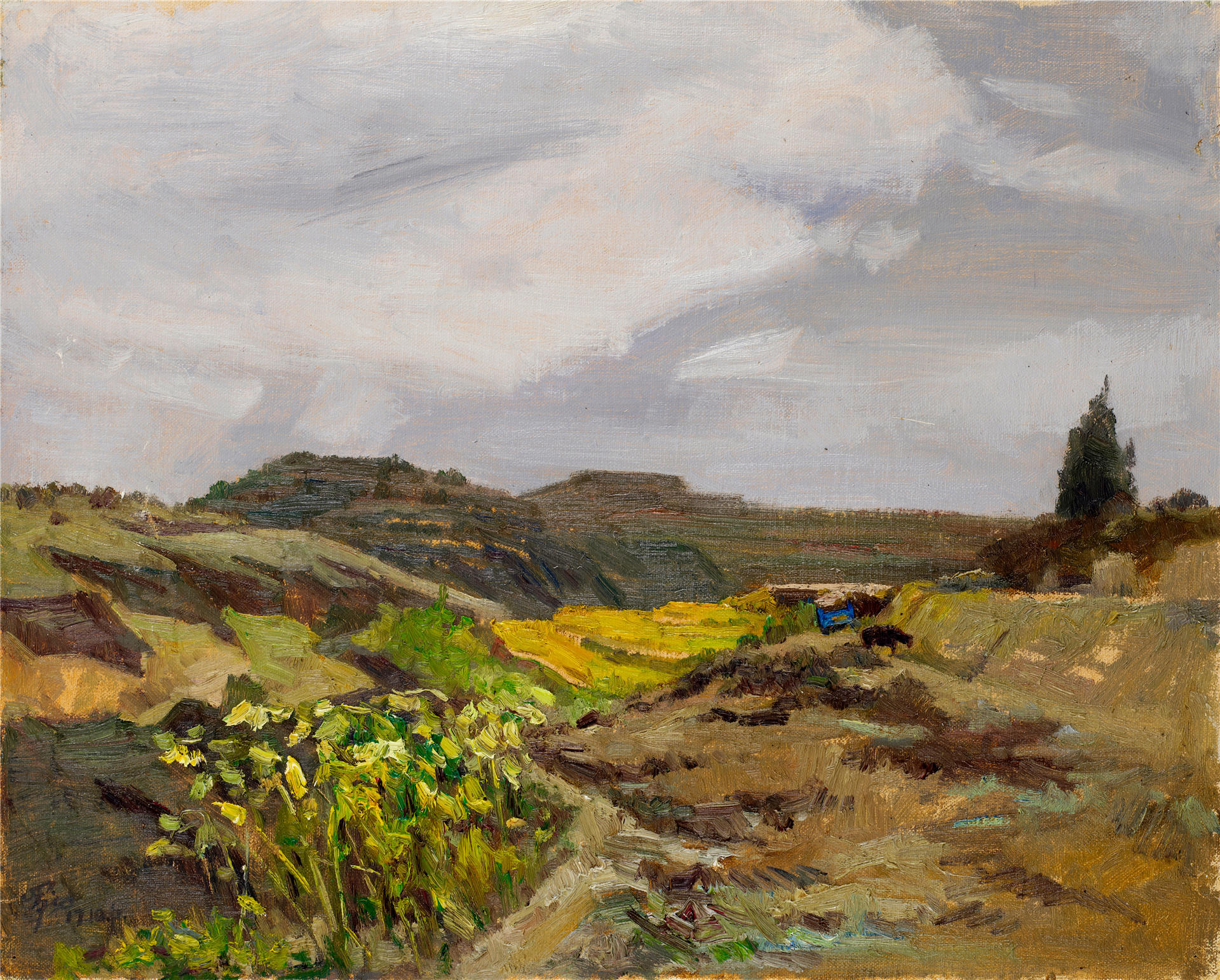 罗和《麦地前的风景》40X50cm油画