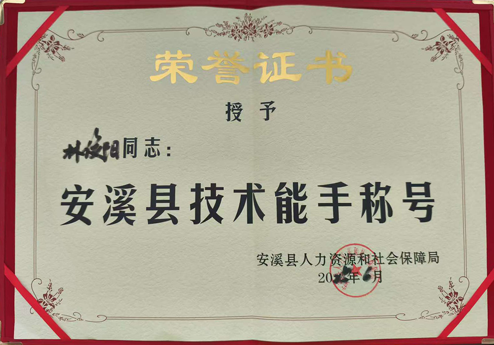 林俊阳-安溪县“技术能手称号”荣誉称号