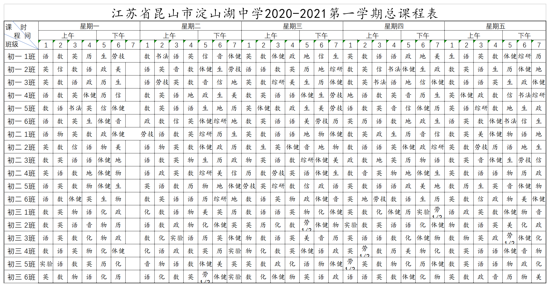 淀山湖中学2020-2021第一学期总课程表