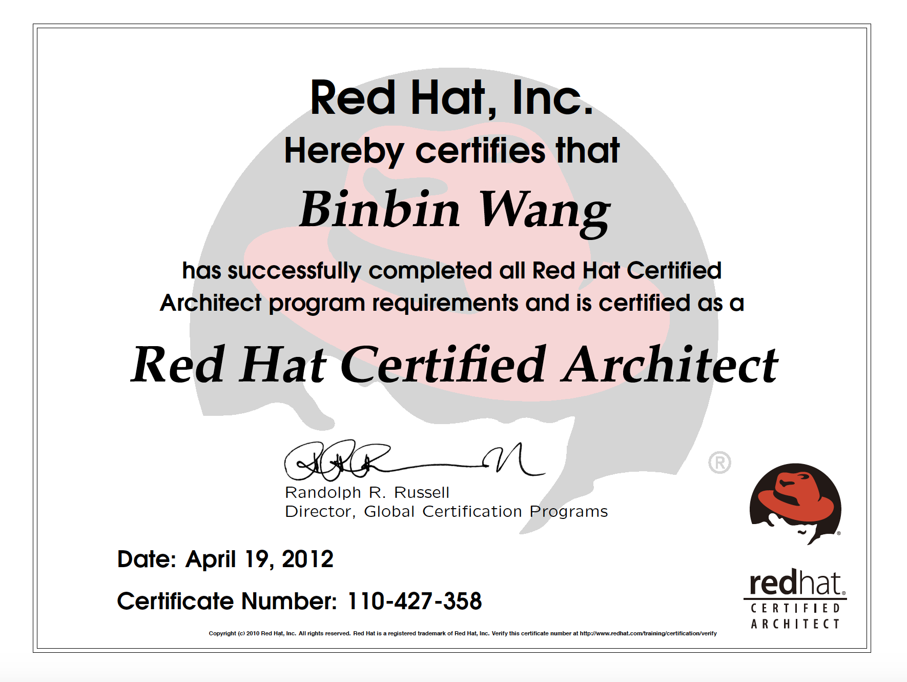 WangbinbinRHCA证书