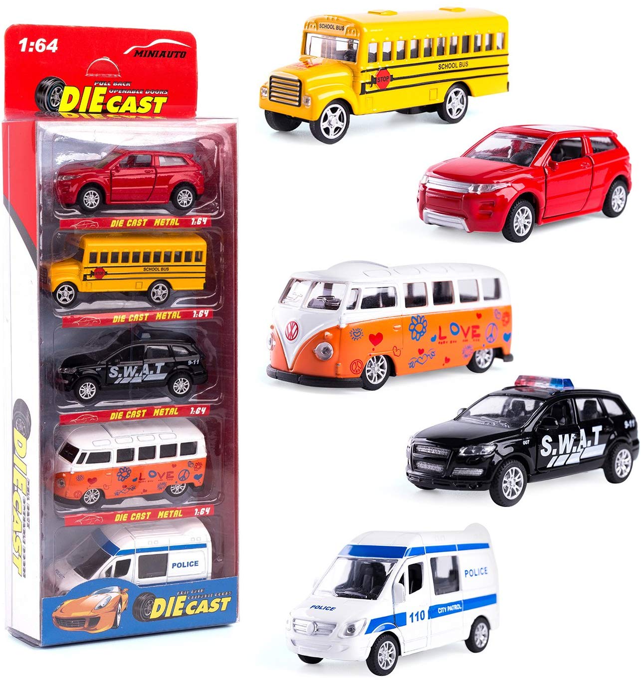 Openable Doors Pull Back Cars Ambulance Official Car Ⅱ KIDAMI Die-cast Metal Toy Cars Set of 5 Gift Pack for Kids 
