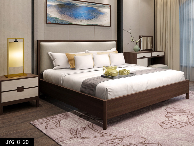 新中式床定制，实木布艺