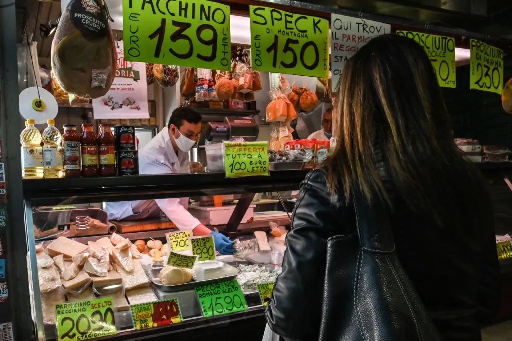 A meat and cheese stall at the weekly market in Rome's Monteverde Nuovo district in April 2020
