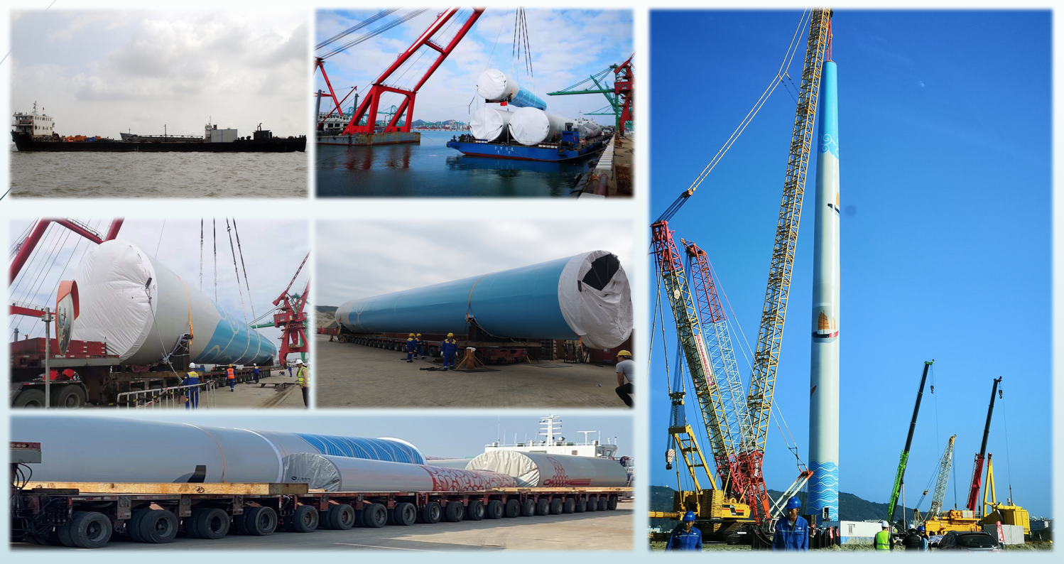 全國首套8兆瓦特塔桶作業,使用船運,超長21軸運輸車體,配合2000噸吊機作業。