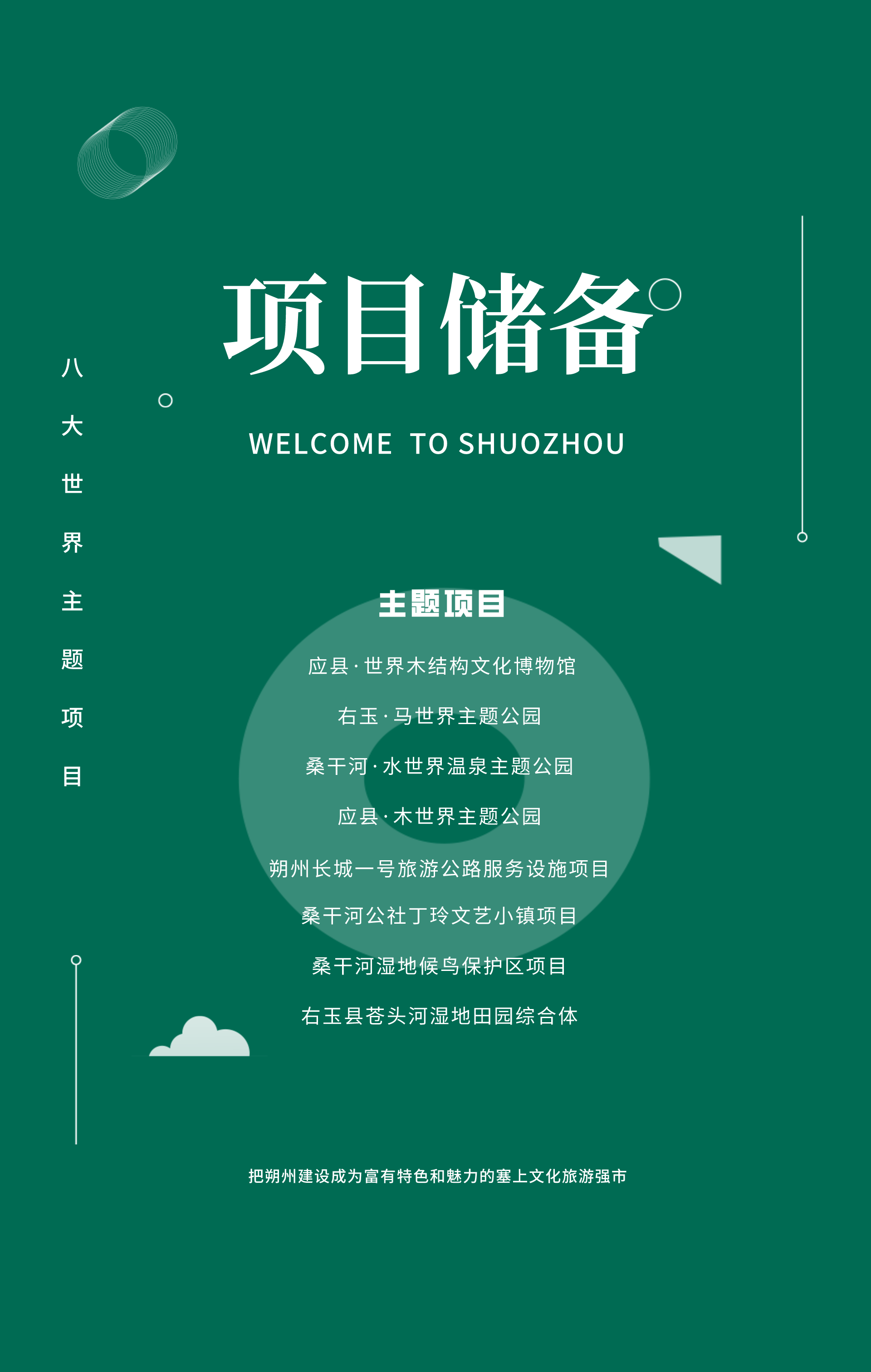 右玉·马世界主题公园项目位于朔州市右玉县，总占地面积1150亩，预计总投资10亿元。项目以现代马产业为基底，打造马术休闲运动为新消费引领，发展集马文化博览、马术主题教育、马主题休闲度假、马主题特色婚礼、马主题重大节事活动于一体的马主题文化旅游综合体，重点打造马百科文化博物馆、茶马邦国小镇、马术文化体验公园、草原生态风情园、骑士古堡度假综合体和国际营地教育公园六大核心引擎项目。