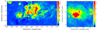 图2：位于银河系本地旋臂（上左图）或人马旋臂（上右图）的新发现脉冲星（五角星）具有超常的色散量（DM），远超经典银河系电子密度模型估计。