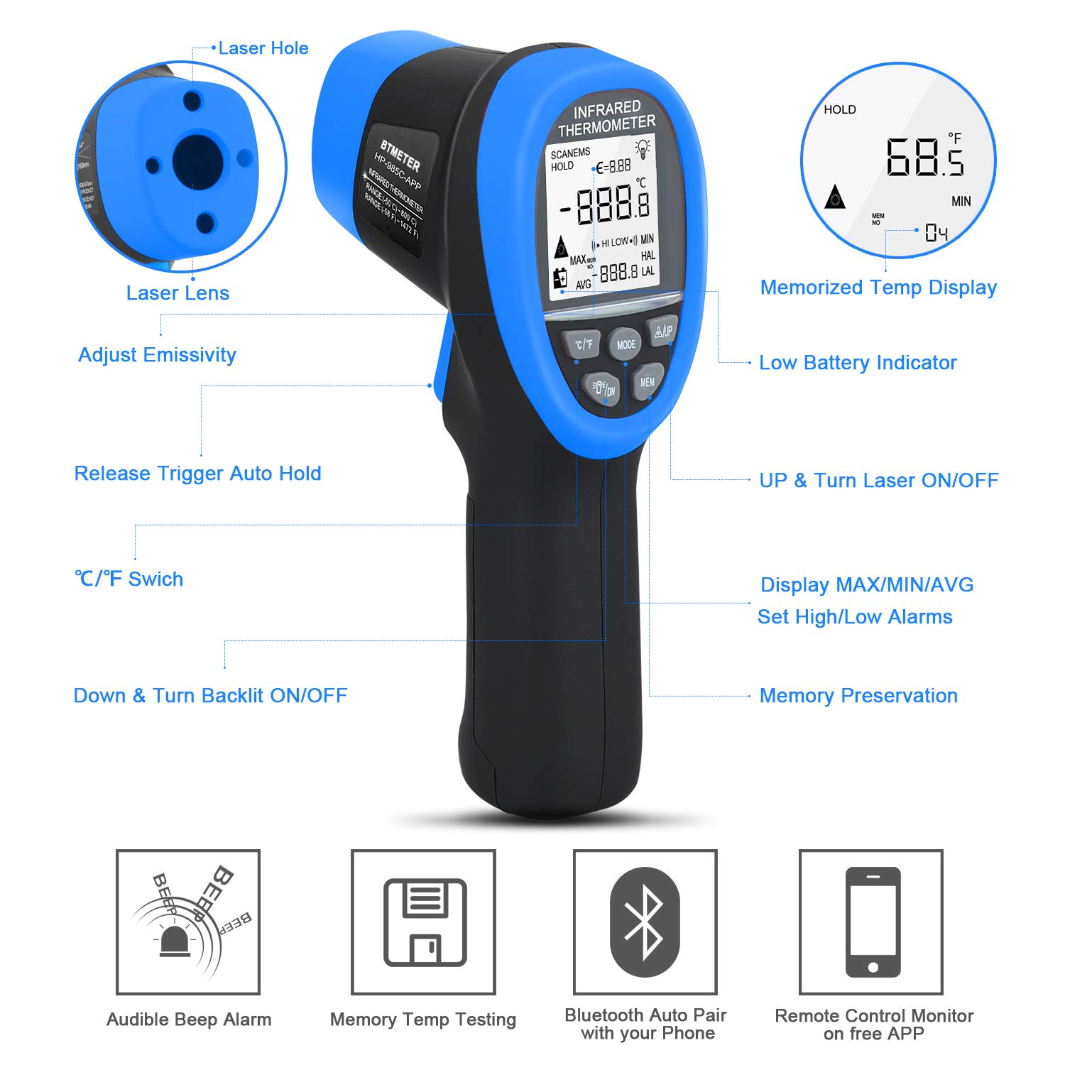 Digital -50-800°C Infrared Thermometer Bluetooth Temperature Gun Phone APP  Meter