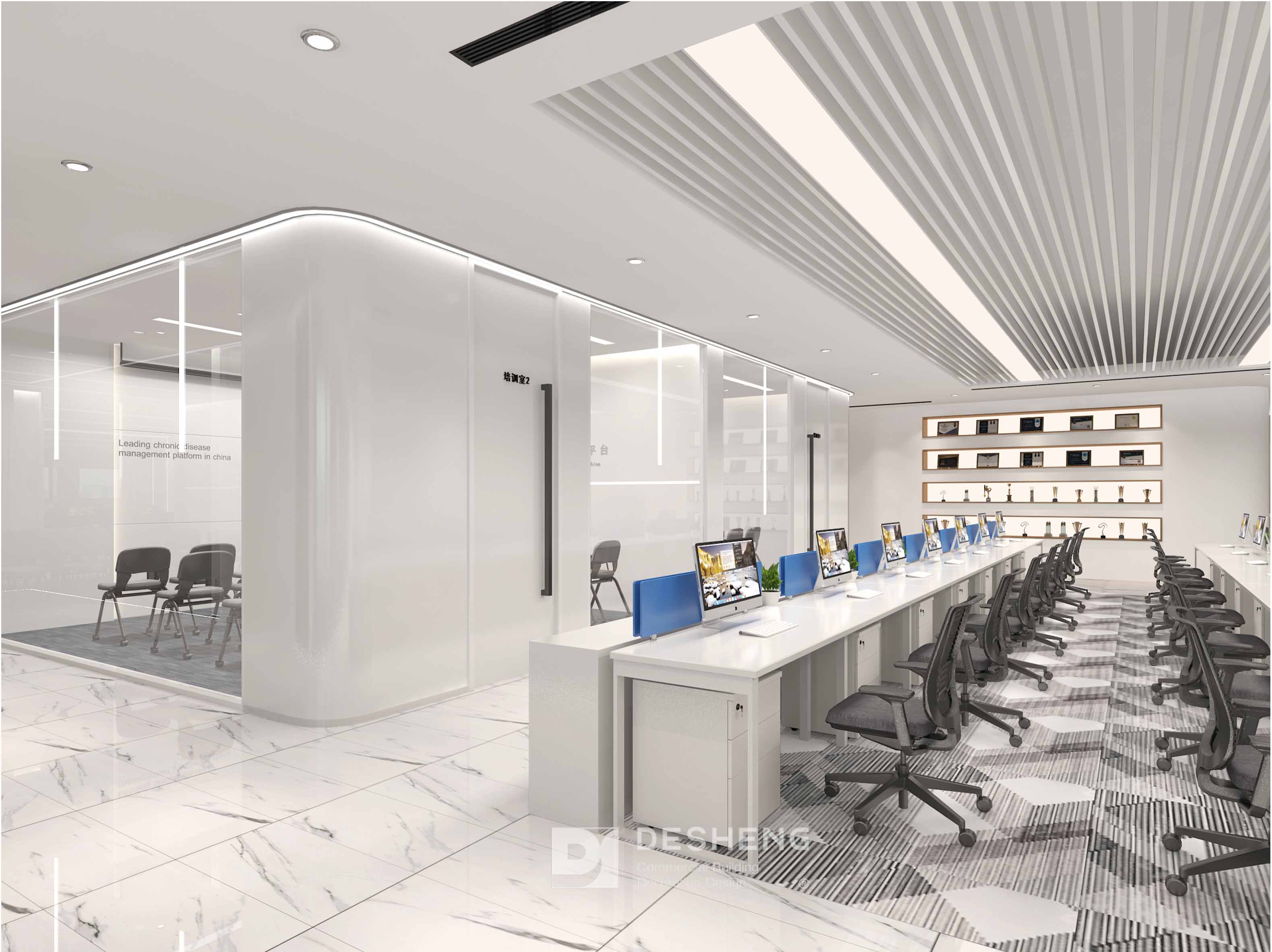 医云科技公司办公室装修效果图：从“医疗健康”与“创新科技”出发，采用简约的设计给人以简洁、清爽的舒适感受