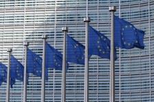 EU flags outside the EU headquarters.