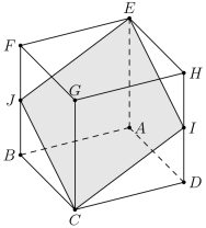 [asy] size(6cm); pair A,B,C,D,EE,F,G,H,I,J; C = (0,0); B = (-1,1); D = (2,0.5); A = B+D; G = (0,2); F = B+G; H = G+D; EE = G+B+D; I = (D+H)/2; J = (B+F)/2; filldraw(C--I--EE--J--cycle,lightgray,black); draw(C--D--H--EE--F--B--cycle);  draw(G--F--G--C--G--H); draw(A--B,dashed); draw(A--EE,dashed); draw(A--D,dashed); dot(A); dot(B); dot(C); dot(D); dot(EE); dot(F); dot(G); dot(H); dot(I); dot(J); label("$A$",A,E); label("$B$",B,W); label("$C$",C,S); label("$D$",D,E); label("$E$",EE,N); label("$F$",F,W); label("$G$",G,N); label("$H$",H,E); label("$I$",I,E); label("$J$",J,W); [/asy]