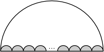 [asy] draw((0,0)--(18,0)); draw(arc((9,0),9,0,180)); filldraw(arc((1,0),1,0,180)--cycle,gray(0.8)); filldraw(arc((3,0),1,0,180)--cycle,gray(0.8)); filldraw(arc((5,0),1,0,180)--cycle,gray(0.8)); filldraw(arc((7,0),1,0,180)--cycle,gray(0.8)); label("...",(9,0.5)); filldraw(arc((11,0),1,0,180)--cycle,gray(0.8)); filldraw(arc((13,0),1,0,180)--cycle,gray(0.8)); filldraw(arc((15,0),1,0,180)--cycle,gray(0.8)); filldraw(arc((17,0),1,0,180)--cycle,gray(0.8)); [/asy]