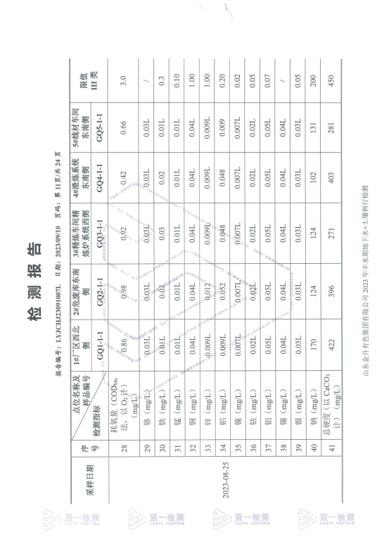 山东金升有色集团有限公司2023年丰水期地下水+土壤例行检测报告_11