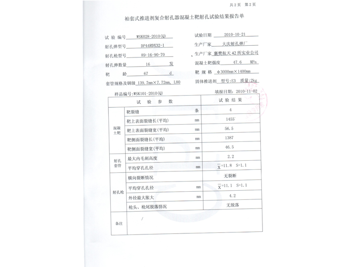 袖套射孔器打靶检测报告