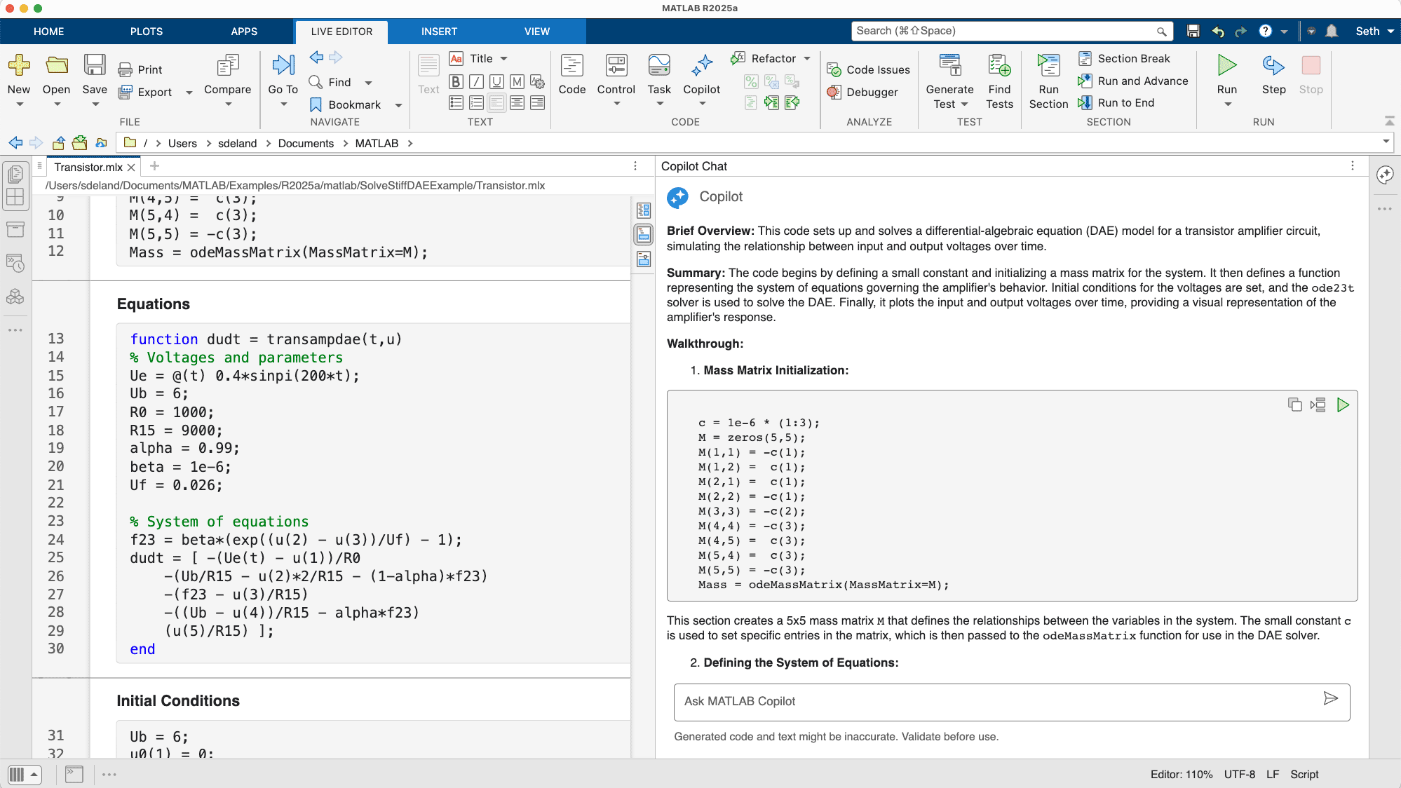 MATLAB Copilot 代码解释界面示例