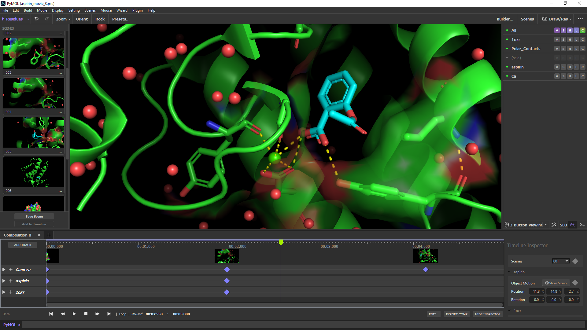 PyMOL 3 界面中的分子结构、场景面板与时间轴
