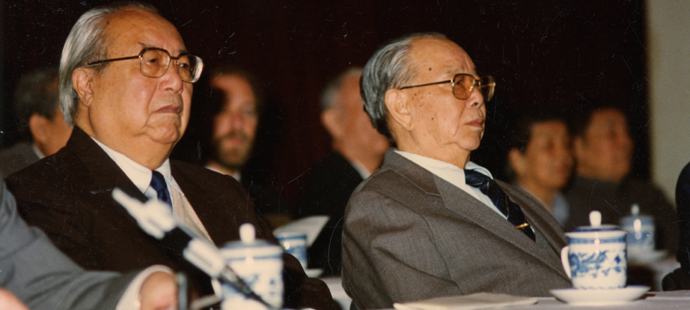 1989年11月17日全国人大副委员长廖汉生（右一)、费孝通（左一)在成立大会上