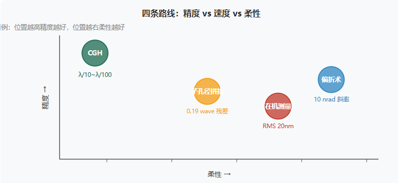 四条路线的精度-柔性定位。CGH 精度最高但柔性最差,在机测量和偏折术柔性最好