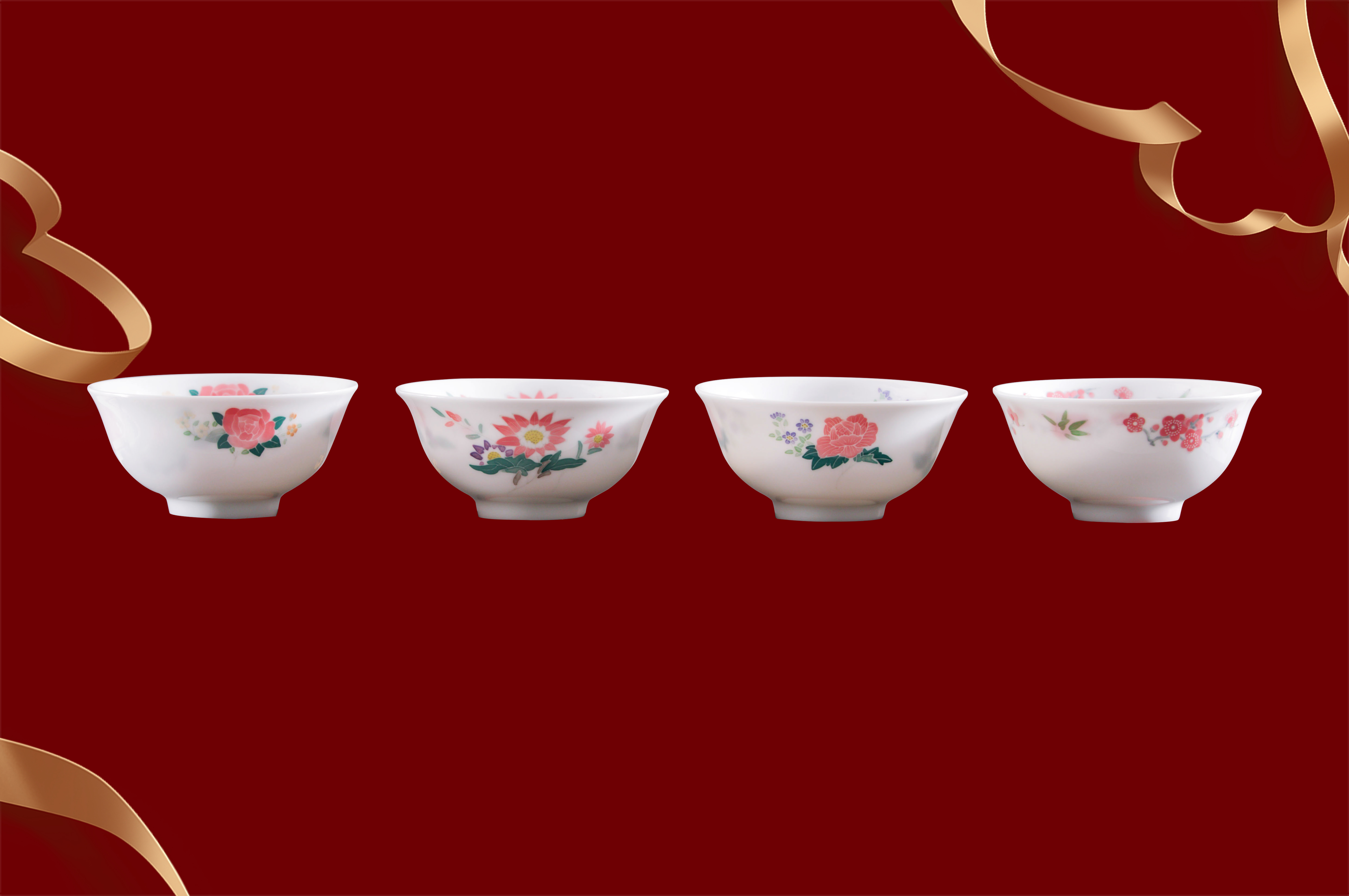 红官窑 国瓷 毛瓷 四季花卉碗