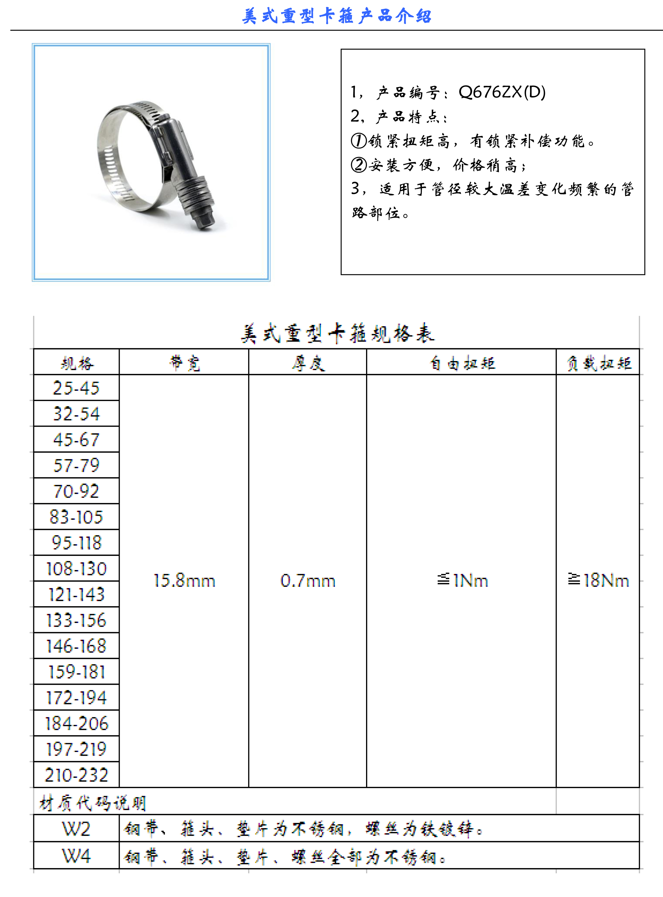 美式重型卡箍也叫恒定压力型喉箍,具有锁紧补偿功能,调节范围大,用途