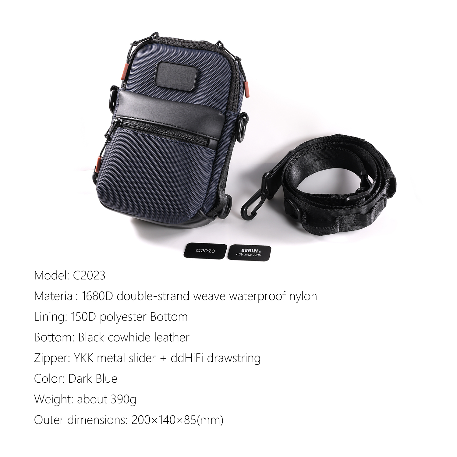 DD ddHiFi C2023 specifications: 1680D double-strand weave waterproof nylon, 390 g weight, and black cowhide leather