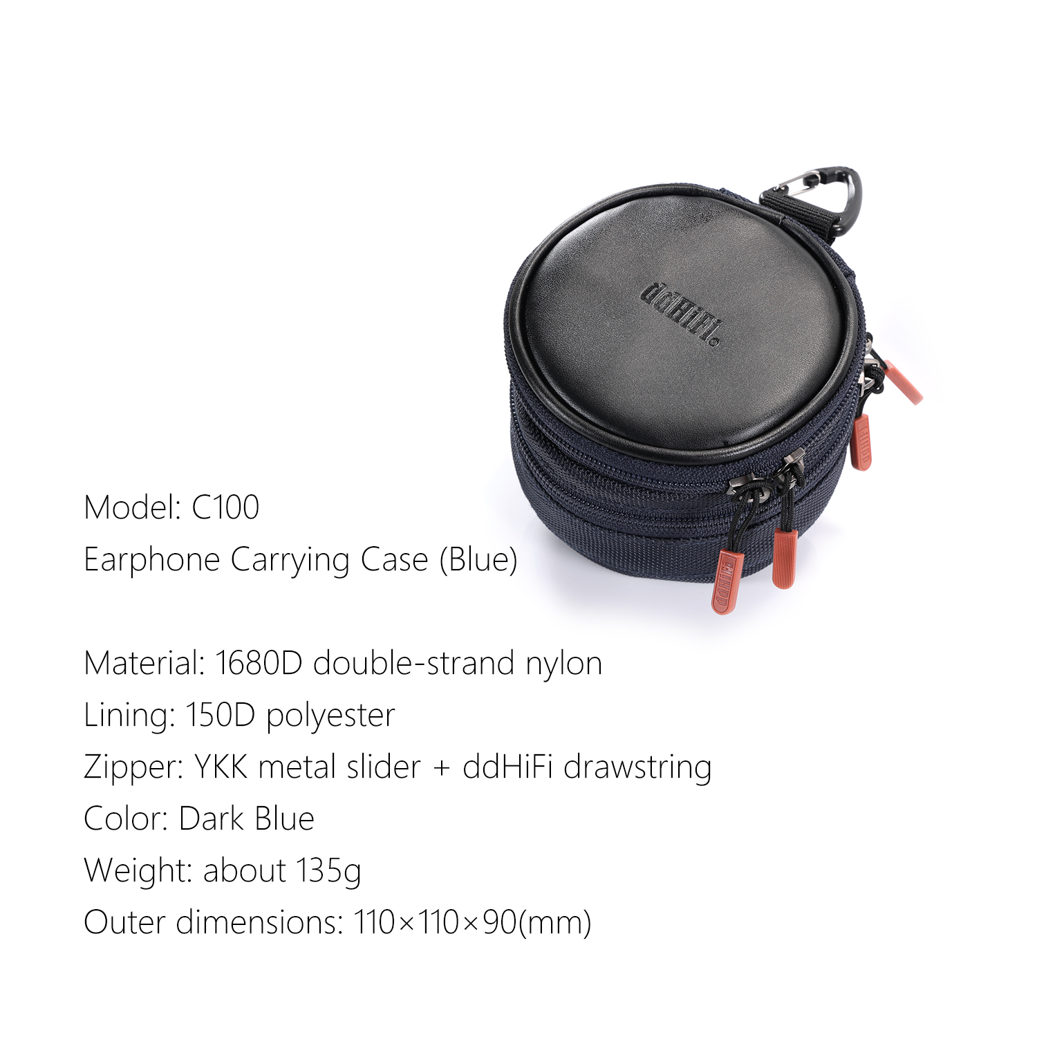 DD ddHiFi C100 specifications including 1680D double-strand nylon, 150D polyester, and drawstring