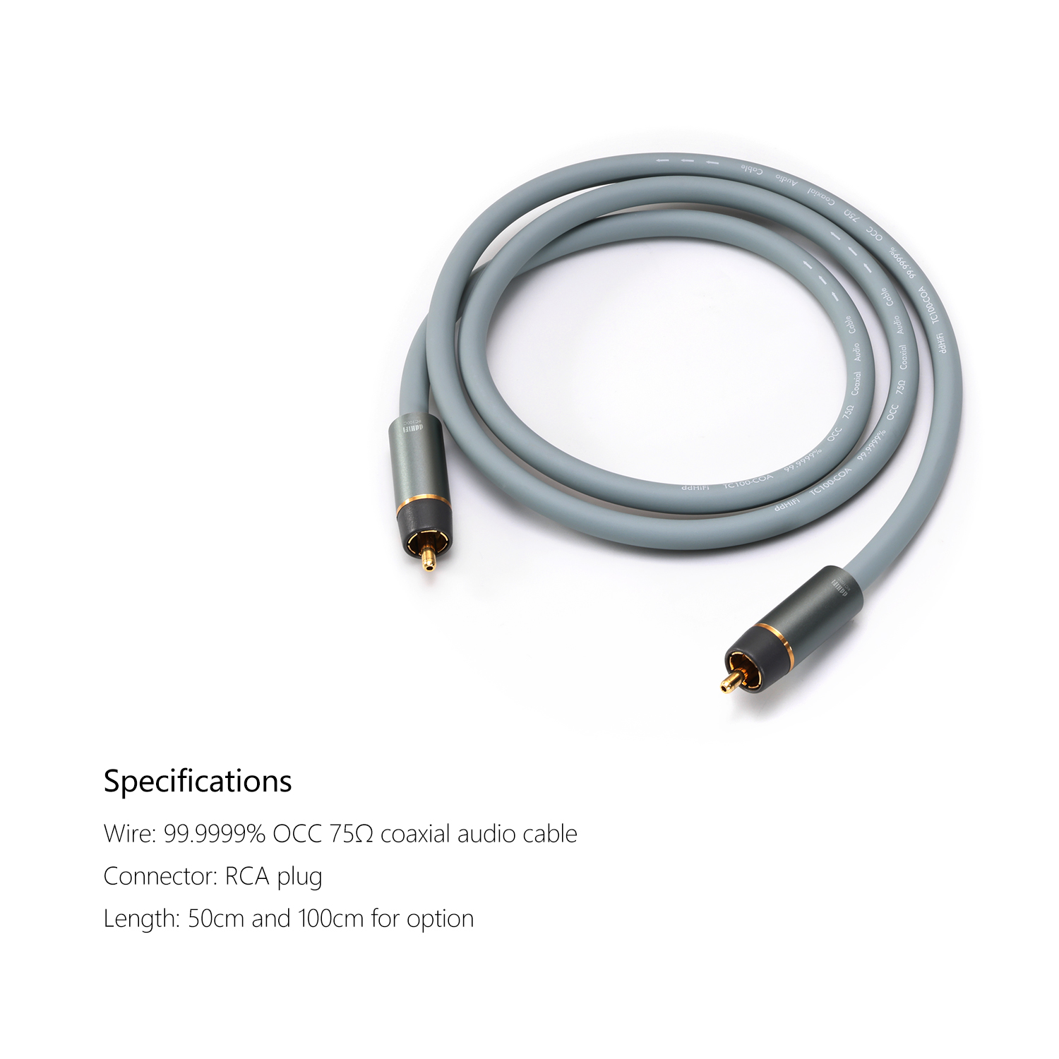 ddHiFi RC100C specifications of 99.9999% OCC 75ohm coaxial audio cable with RCA connectors