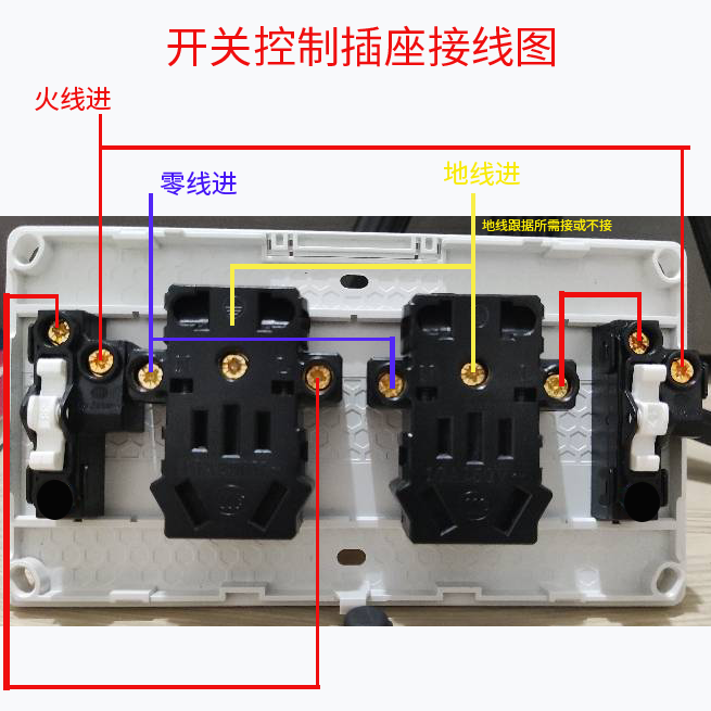明装二侧二开十孔开关控制插座接线方法