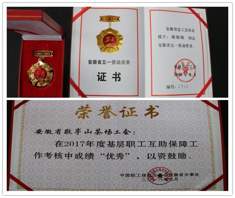 热烈祝贺敬亭山茶场谢腊梅同志荣获安徽省五一劳动奖章