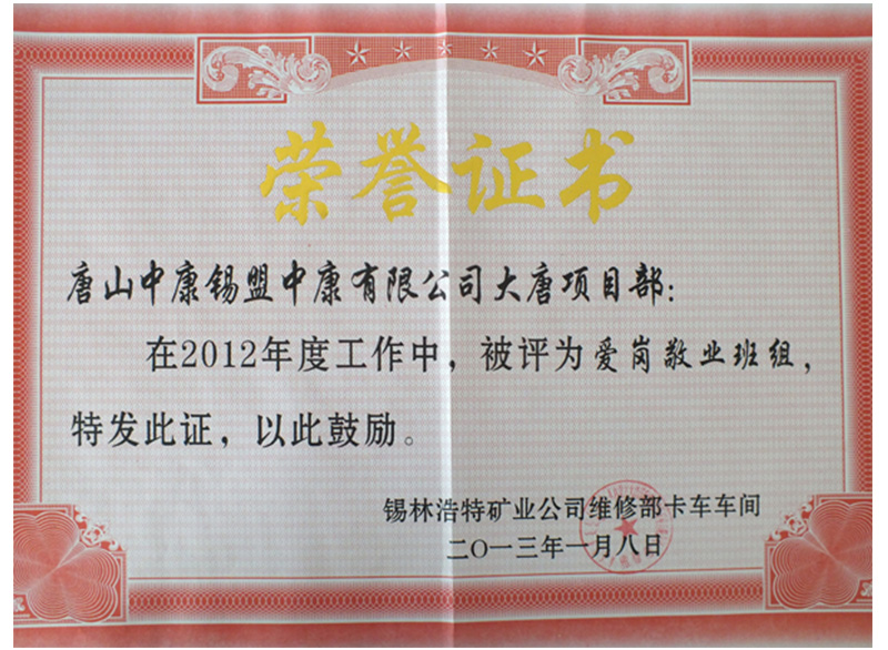 大唐矿业公司授予荣誉证书