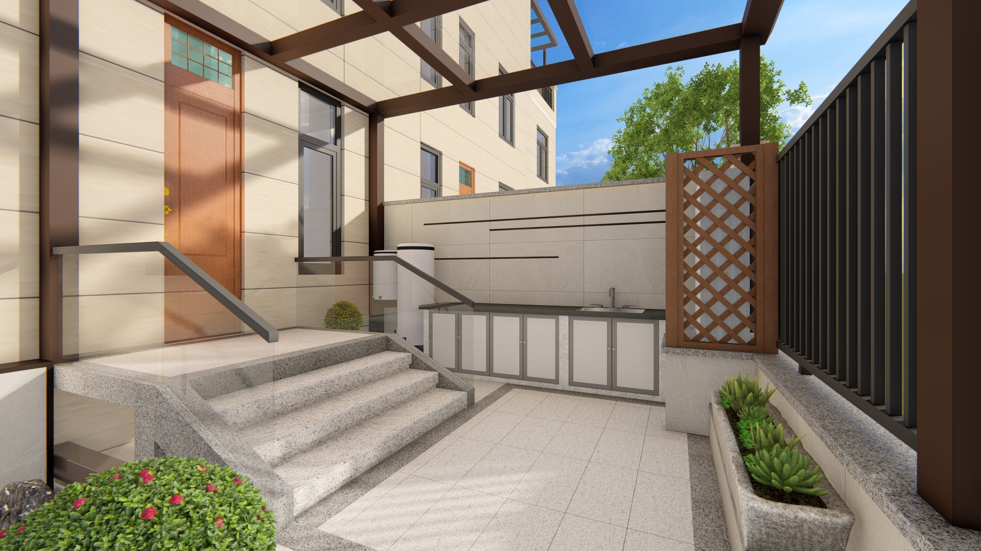 后院效果图前庭后院的格局,入户花园面积小不做实用功能,主要是观景