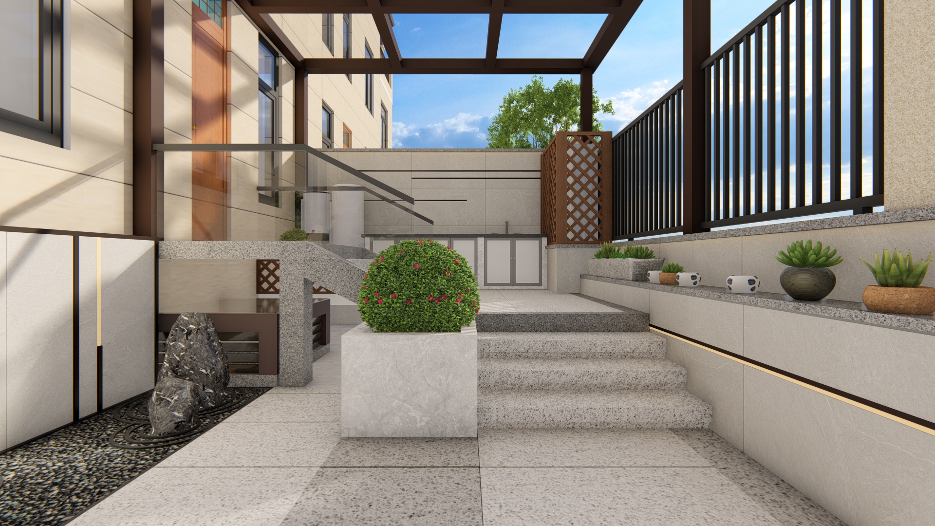 后院效果图前庭后院的格局,入户花园面积小不做实用功能,主要是观景