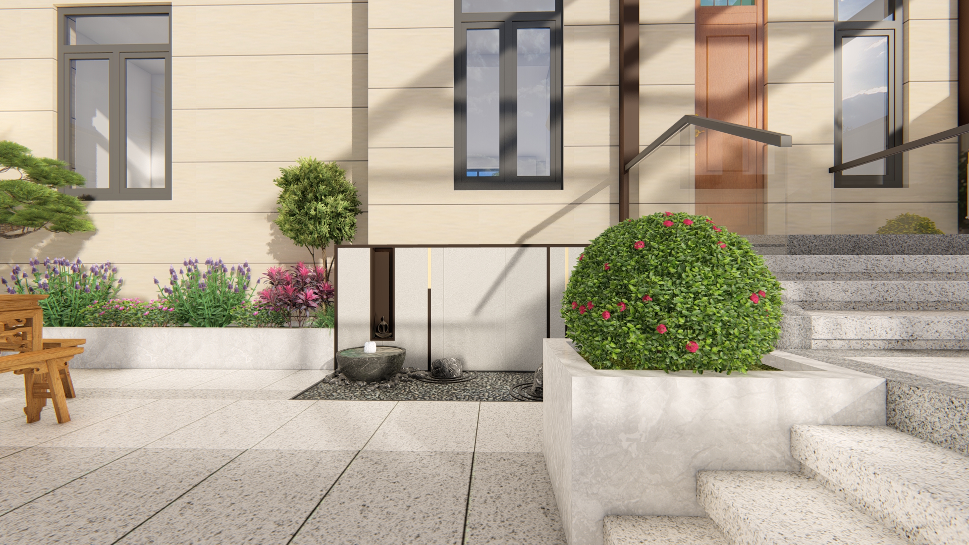 后院效果图前庭后院的格局,入户花园面积小不做实用功能,主要是观景