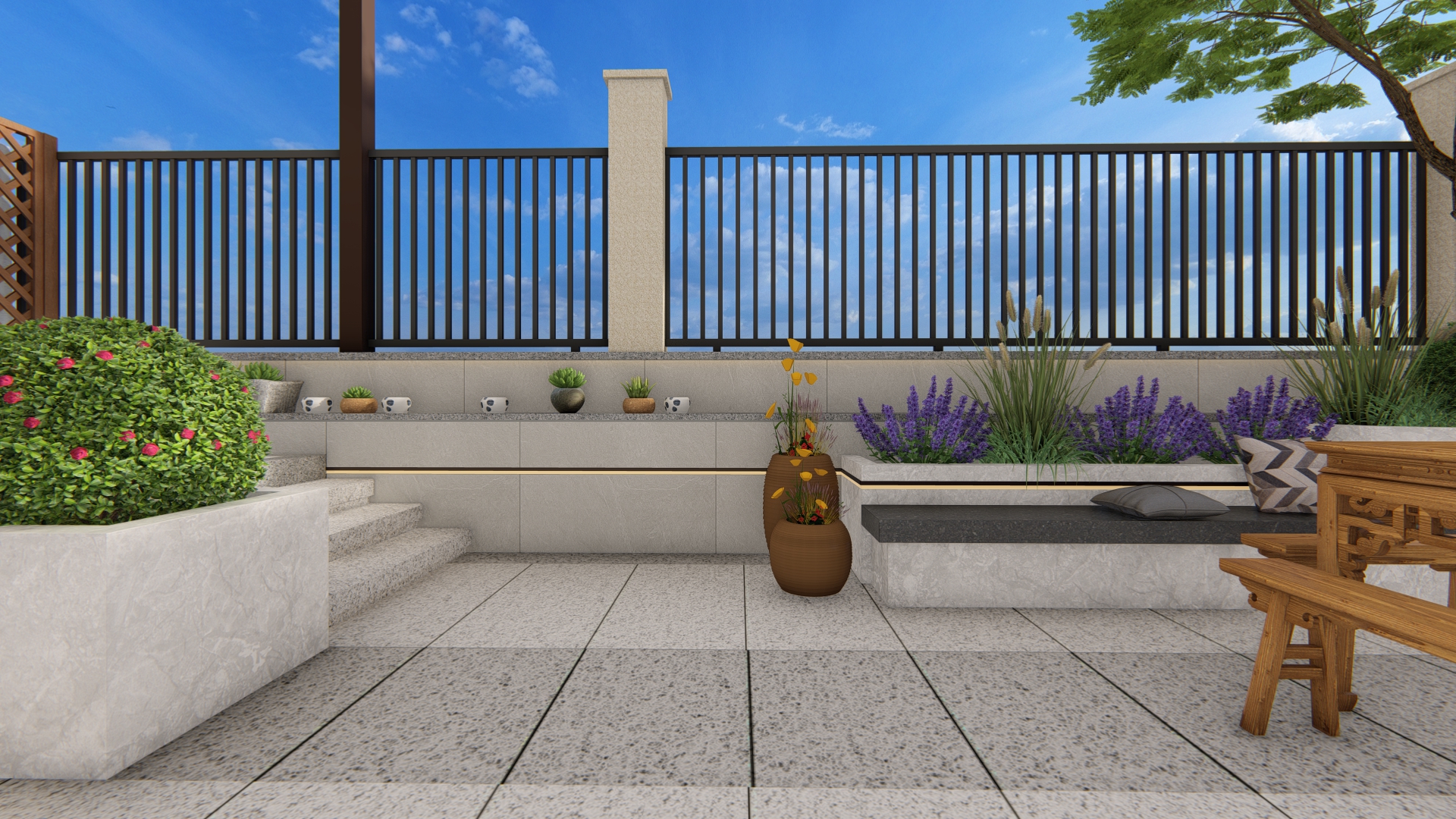 后院效果图前庭后院的格局,入户花园面积小不做实用功能,主要是观景