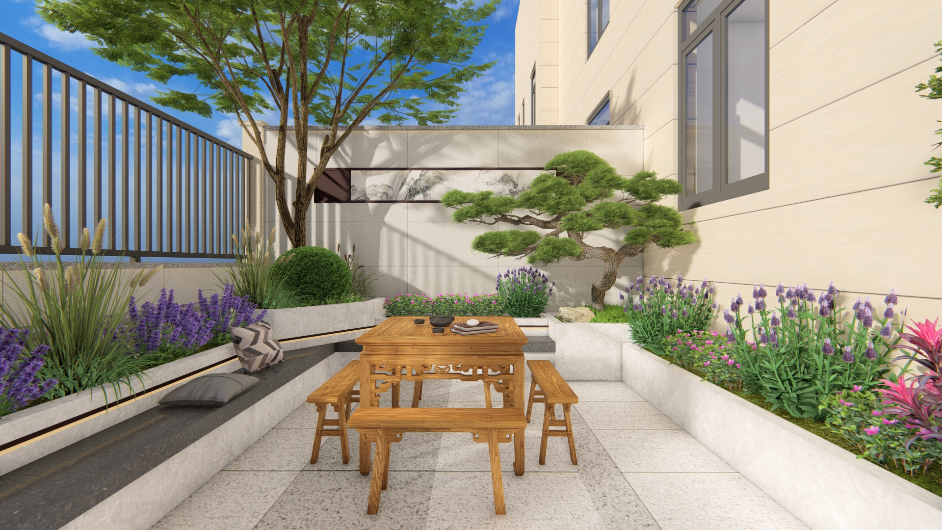 后院效果图前庭后院的格局,入户花园面积小不做实用功能,主要是观景