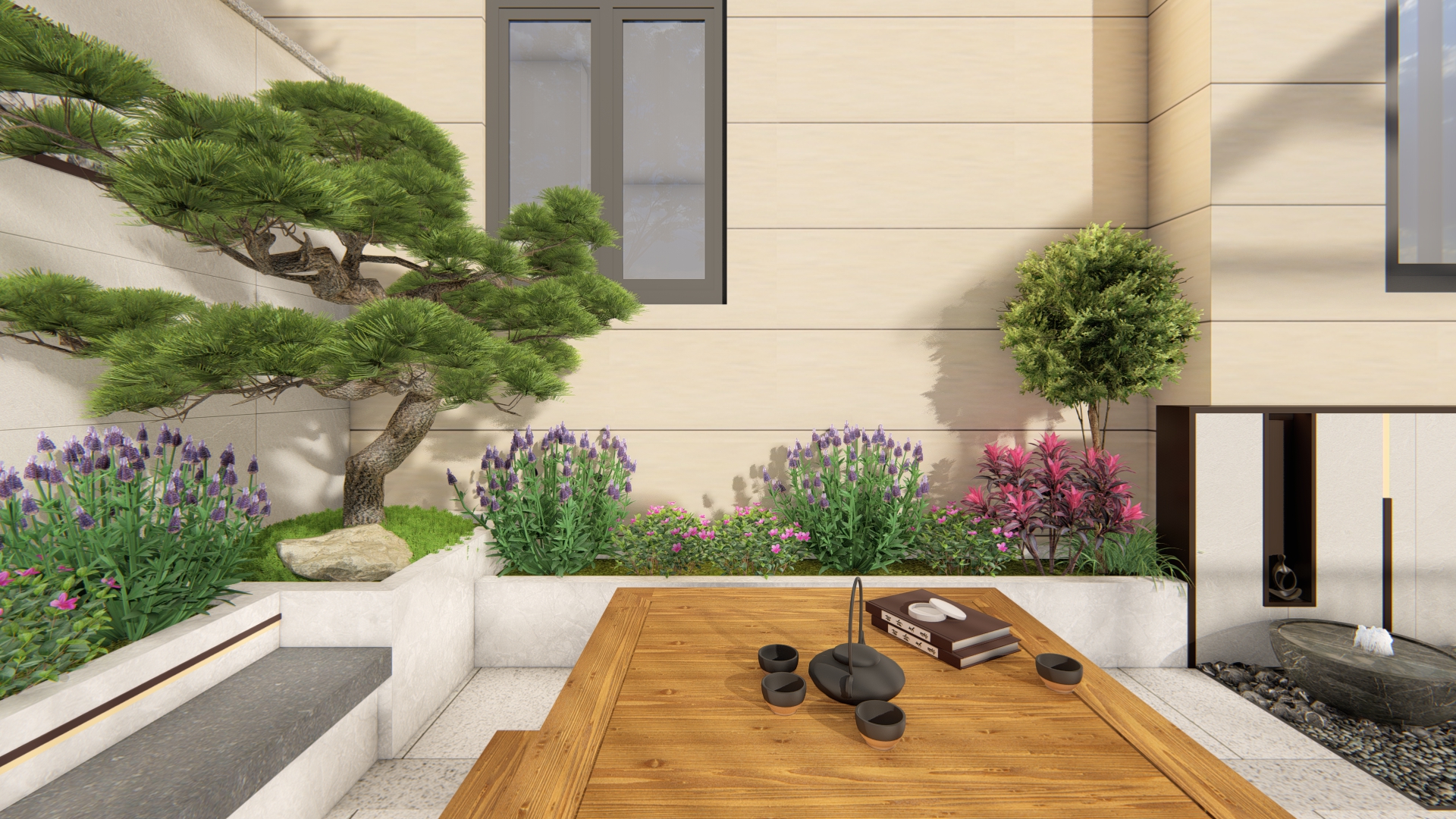 后院效果图前庭后院的格局,入户花园面积小不做实用功能,主要是观景