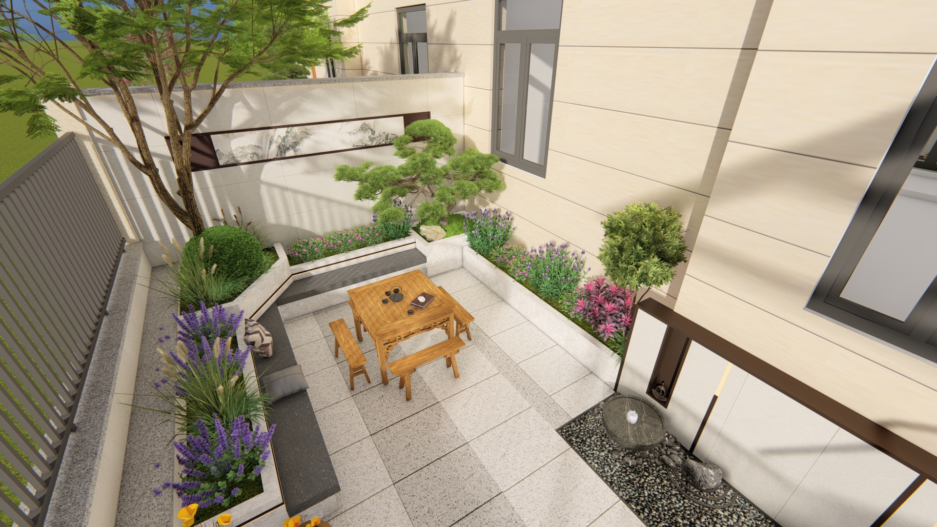 后院效果图前庭后院的格局,入户花园面积小不做实用功能,主要是观景