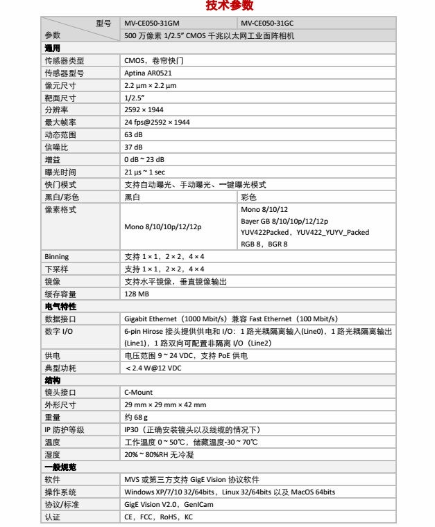 MV-CE050-31GMMV-CE050-31GC产品说明2