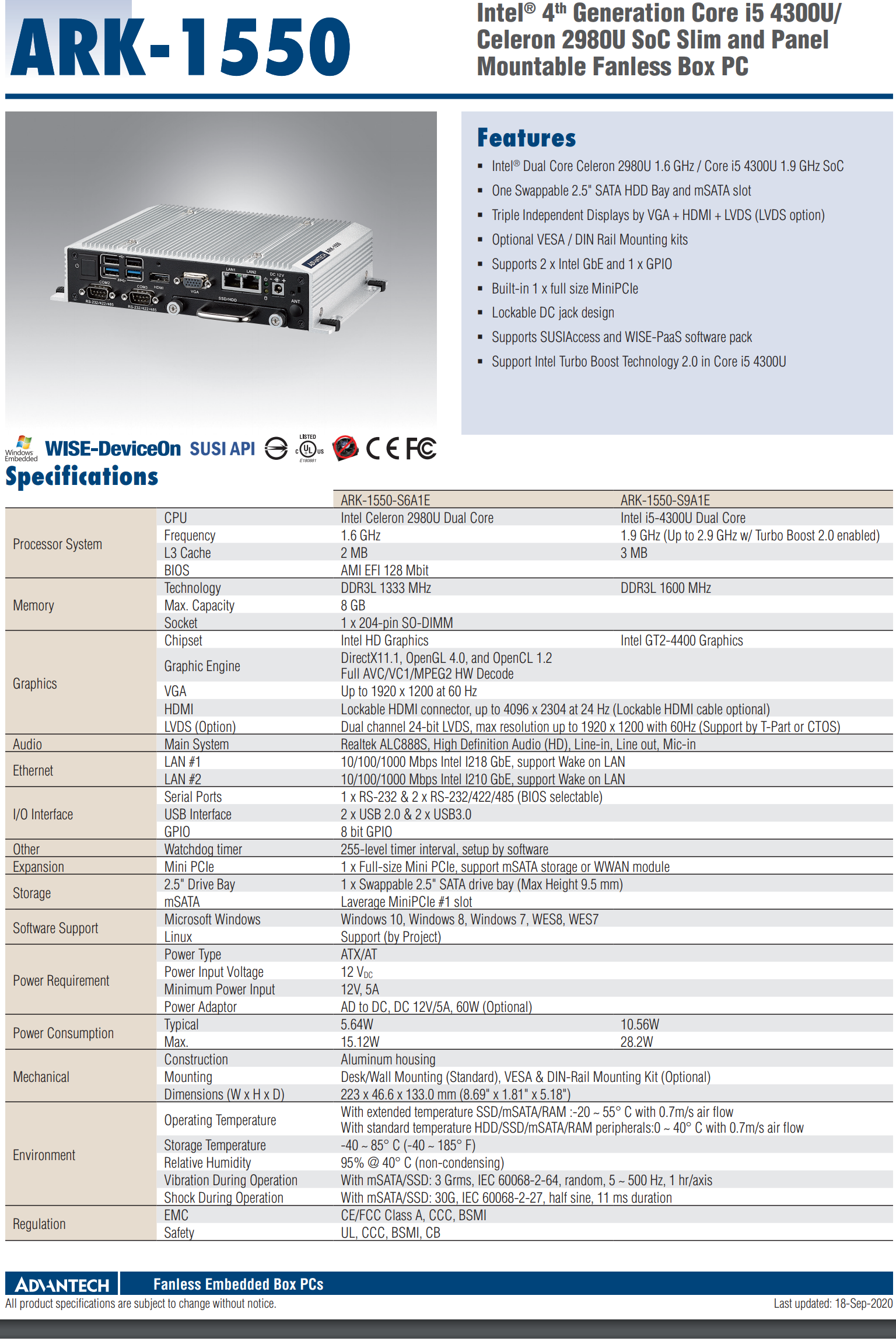 ark-1550 第四代intel core i5 4300u/celeron 2980u soc 纤薄尺寸&