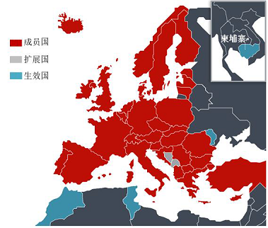 图1 EPC成员国、扩展国及其生效国家