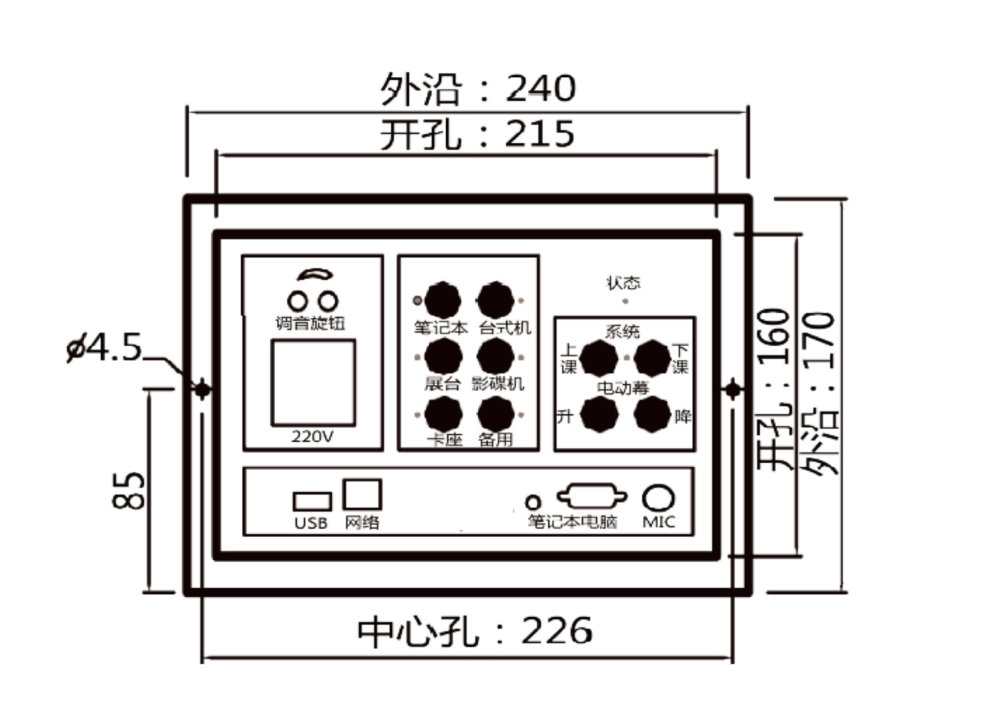 EC880、IC961桌面安装操作台开孔尺寸示意图