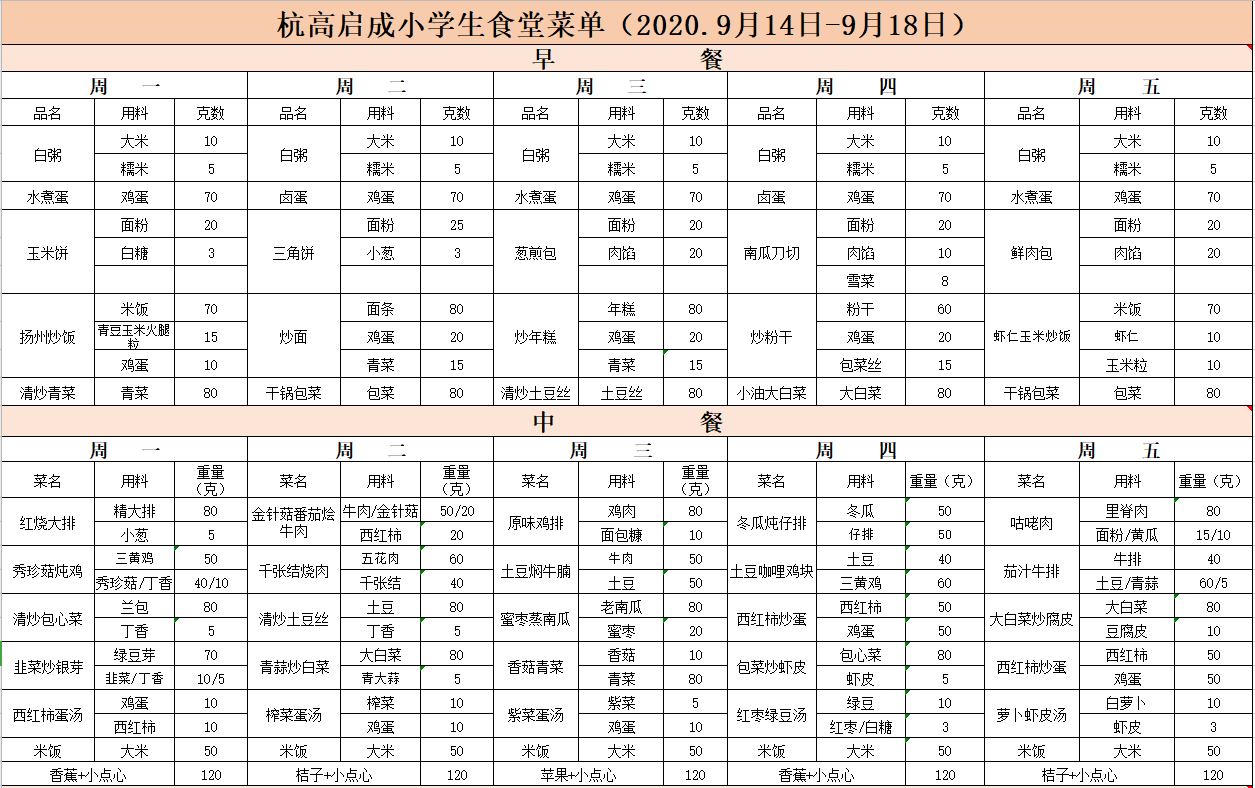 杭高啟成學校第三週菜單小學生