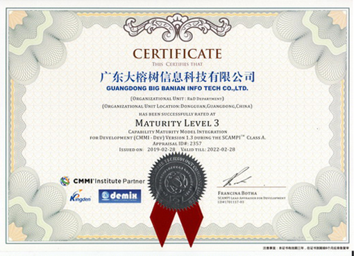 CMMI软件成熟度3级证书