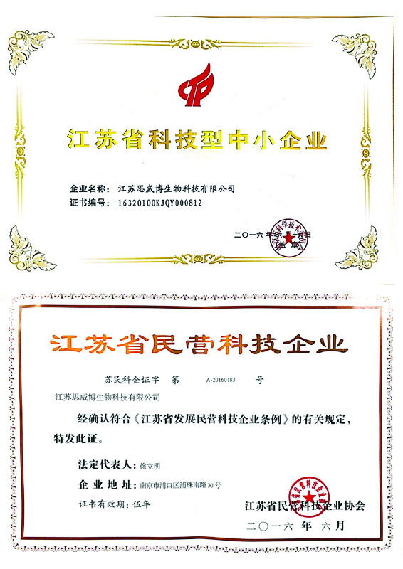 江苏省民营科技型企业证书2个
