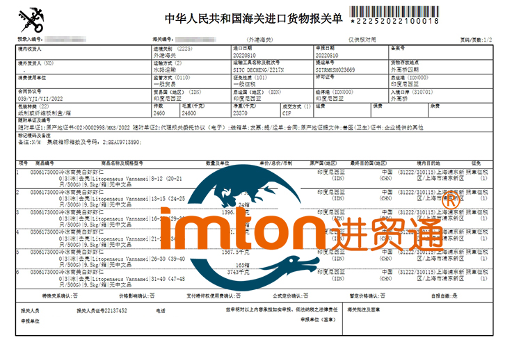 上海进口冷冻南美白虾报关流程